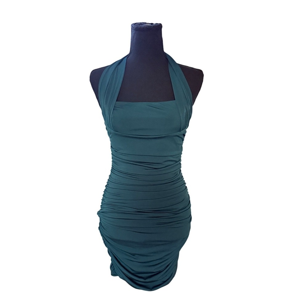 Lucy In The Sky Forest Green‎ Ruched Halter Bodycon Mini Dress Size S